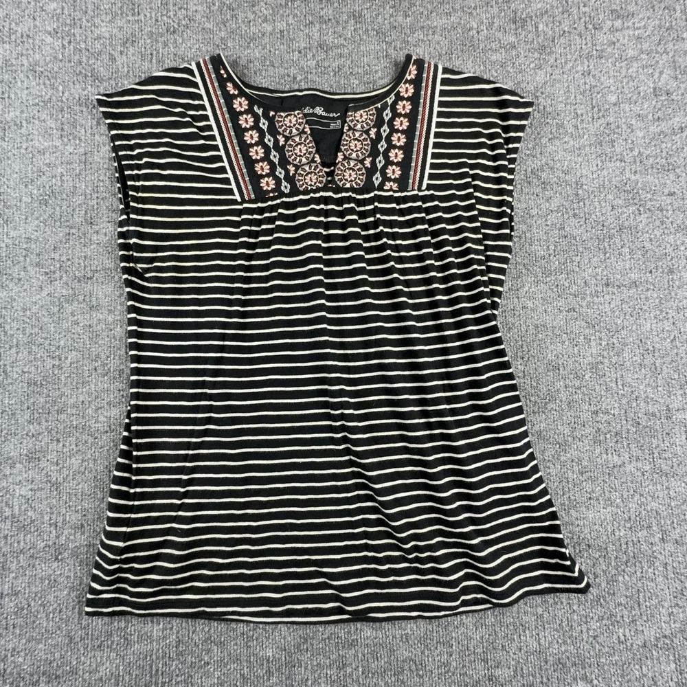 Eddie Bauer T-Shirt Womens Small Black Striped Embroidered Scoop Neck Top Boho